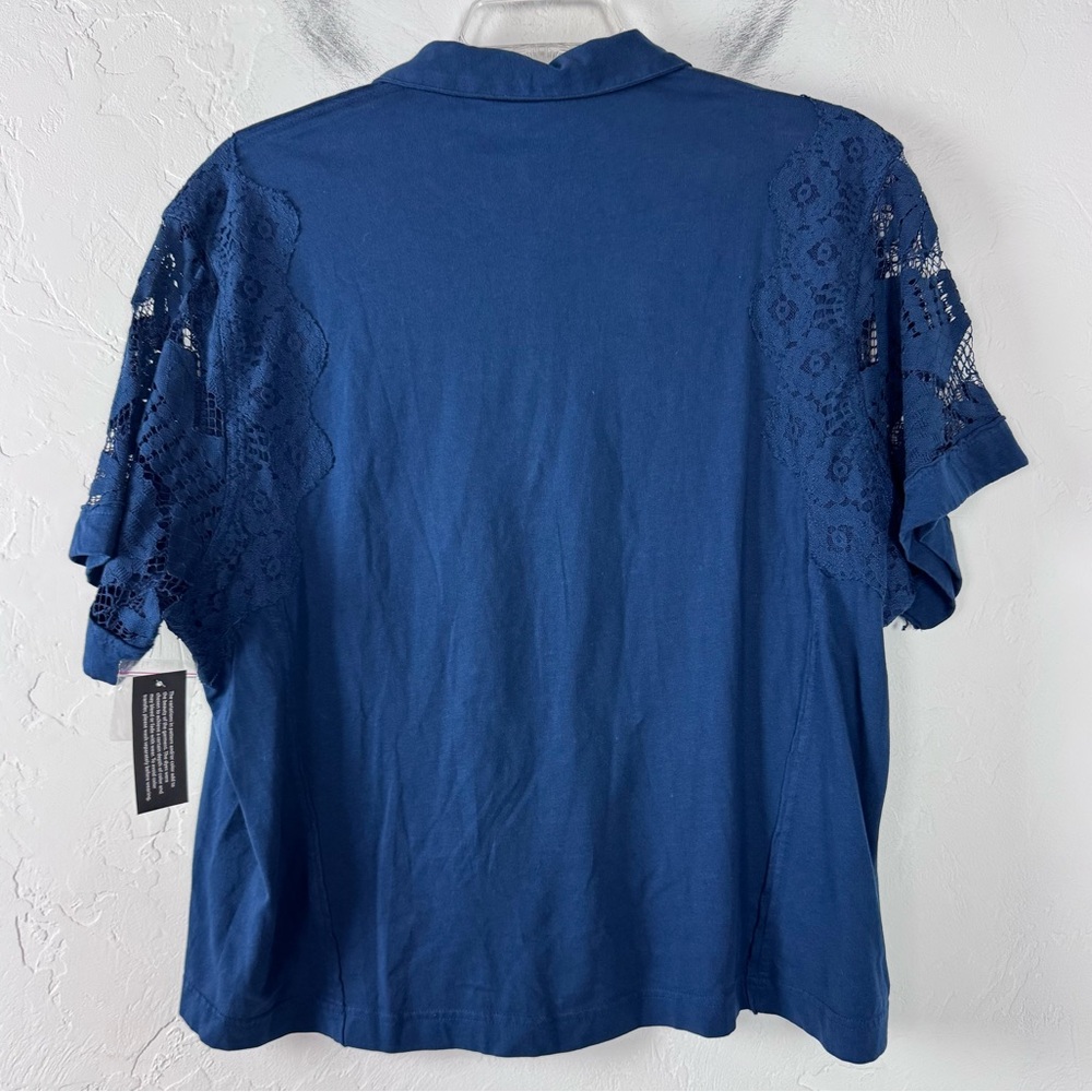 Logo Lavish Lori Goldstein Polo Shirt Knit Top Navy Blue Solid Lace Button Down - Picture 2 of 9